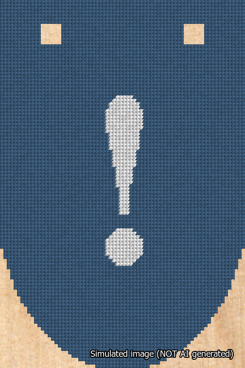 A simulated image of the stitched needlepoint design: Banner 18m Rounded Exclamation White on Blue. Not A.I. generated.