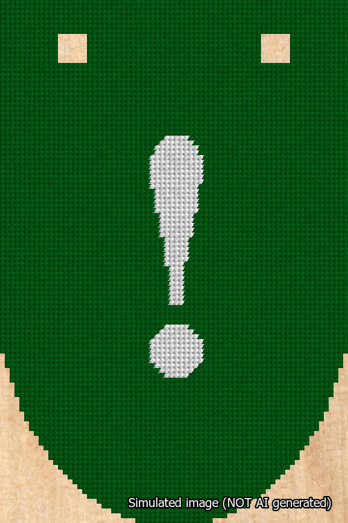 A simulated image of the stitched needlepoint design: Banner 18m Rounded Exclamation White on Green. Not A.I. generated.