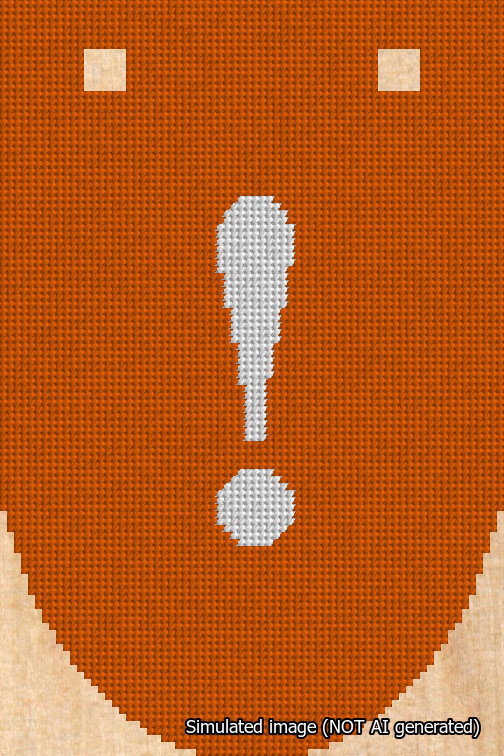 A simulated image of the stitched needlepoint design: Banner 18m Rounded Exclamation White on Orange. Not A.I. generated.