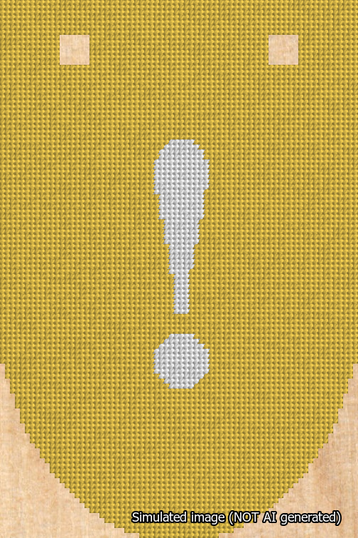 A simulated image of the stitched needlepoint design: Banner 18m Rounded Exclamation White on Yellow. Not A.I. generated.