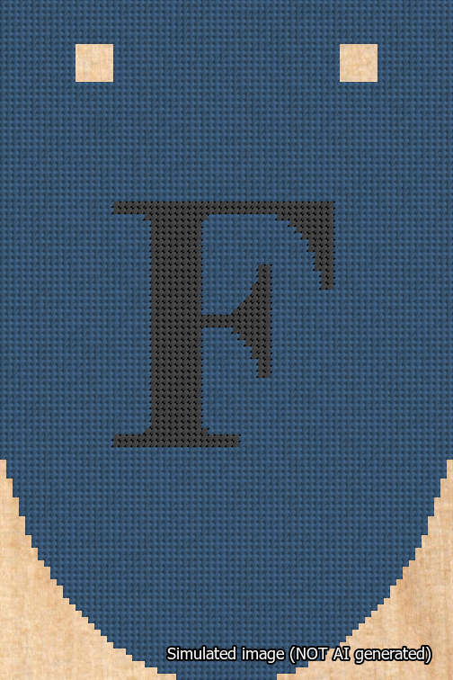 A simulated image of the stitched needlepoint design: Banner 18m Rounded F Black on Blue. Not A.I. generated.
