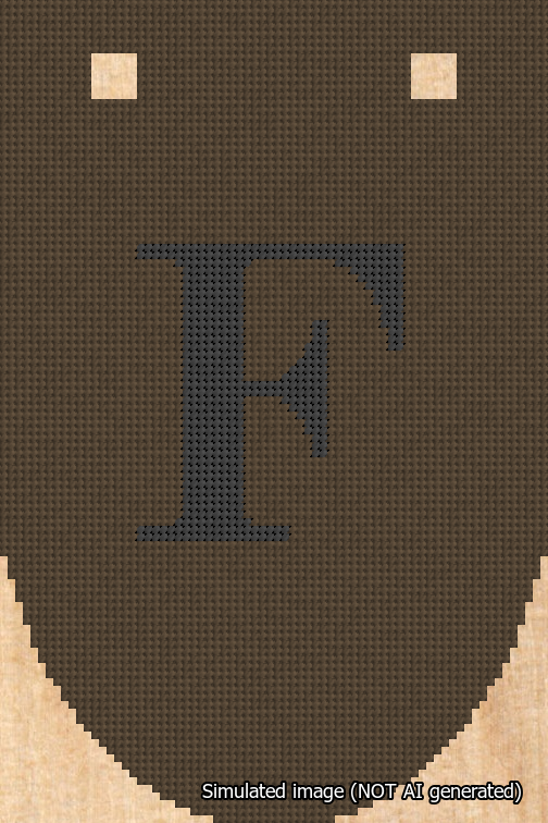 A simulated image of the stitched needlepoint design: Banner 18m Rounded F Black on Brown. Not A.I. generated.