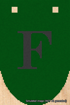 A simulated image of the stitched needlepoint design: Banner 18m Rounded F Black on Green. Not A.I. generated.
