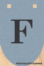 A simulated image of the stitched needlepoint design: Banner 18m Rounded F Black on Light Blue. Not A.I. generated.