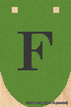 A simulated image of the stitched needlepoint design: Banner 18m Rounded F Black on Light Green. Not A.I. generated.