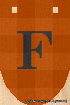 A simulated image of the stitched needlepoint design: Banner 18m Rounded F Black on Orange. Not A.I. generated.