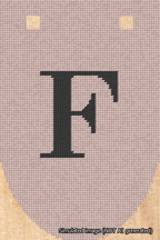 A simulated image of the stitched needlepoint design: Banner 18m Rounded F Black on Pink. Not A.I. generated.