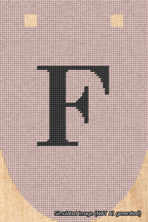 A simulated image of the stitched needlepoint design: Banner 18m Rounded F Black on Pink. Not A.I. generated.