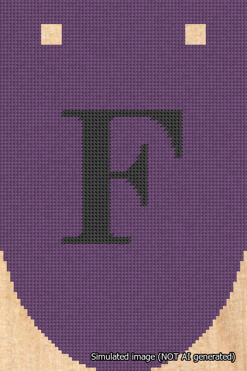 A simulated image of the stitched needlepoint design: Banner 18m Rounded F Black on Purple. Not A.I. generated.