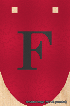 A simulated image of the stitched needlepoint design: Banner 18m Rounded F Black on Red. Not A.I. generated.