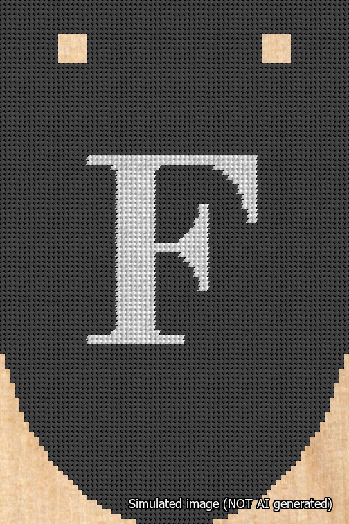 A simulated image of the stitched needlepoint design: Banner 18m Rounded F White on Black. Not A.I. generated.