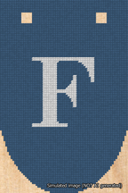A simulated image of the stitched needlepoint design: Banner 18m Rounded F White on Blue. Not A.I. generated.