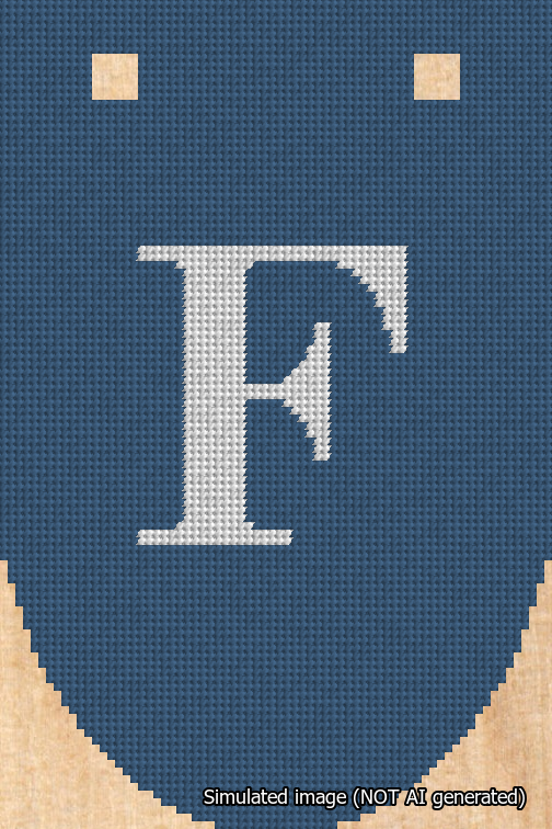 A simulated image of the stitched needlepoint design: Banner 18m Rounded F White on Blue. Not A.I. generated.