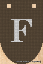 A simulated image of the stitched needlepoint design: Banner 18m Rounded F White on Brown. Not A.I. generated.