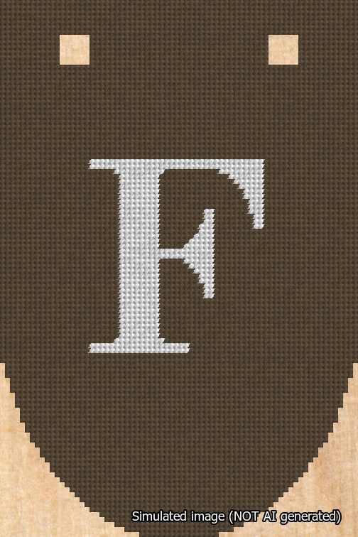 A simulated image of the stitched needlepoint design: Banner 18m Rounded F White on Brown. Not A.I. generated.