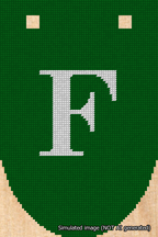 A simulated image of the stitched needlepoint design: Banner 18m Rounded F White on Green. Not A.I. generated.