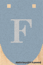 A simulated image of the stitched needlepoint design: Banner 18m Rounded F White on Light Blue. Not A.I. generated.