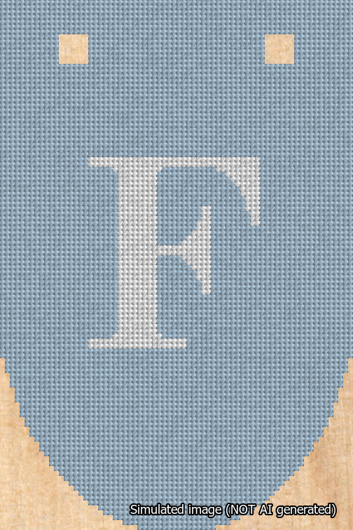 A simulated image of the stitched needlepoint design: Banner 18m Rounded F White on Light Blue. Not A.I. generated.