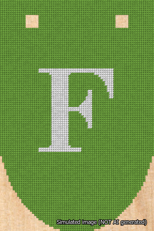 A simulated image of the stitched needlepoint design: Banner 18m Rounded F White on Light Green. Not A.I. generated.