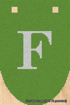 A simulated image of the stitched needlepoint design: Banner 18m Rounded F White on Light Green. Not A.I. generated.
