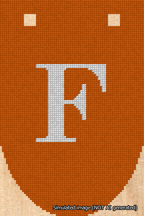 A simulated image of the stitched needlepoint design: Banner 18m Rounded F White on Orange. Not A.I. generated.