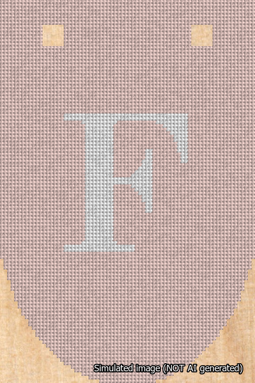 A simulated image of the stitched needlepoint design: Banner 18m Rounded F White on Pink. Not A.I. generated.