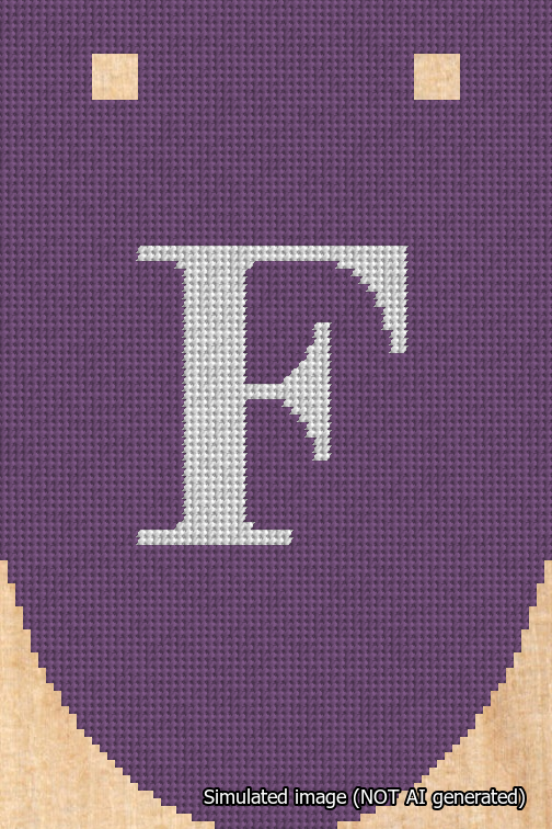 A simulated image of the stitched needlepoint design: Banner 18m Rounded F White on Purple. Not A.I. generated.
