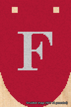 A simulated image of the stitched needlepoint design: Banner 18m Rounded F White on Red. Not A.I. generated.