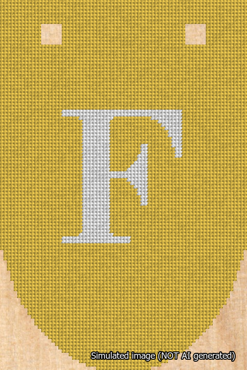 A simulated image of the stitched needlepoint design: Banner 18m Rounded F White on Yellow. Not A.I. generated.