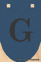 A simulated image of the stitched needlepoint design: Banner 18m Rounded G Black on Blue. Not A.I. generated.