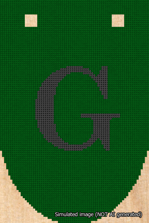 A simulated image of the stitched needlepoint design: Banner 18m Rounded G Black on Green. Not A.I. generated.