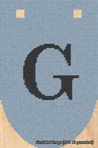 A simulated image of the stitched needlepoint design: Banner 18m Rounded G Black on Light Blue. Not A.I. generated.