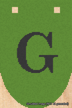 A simulated image of the stitched needlepoint design: Banner 18m Rounded G Black on Light Green. Not A.I. generated.