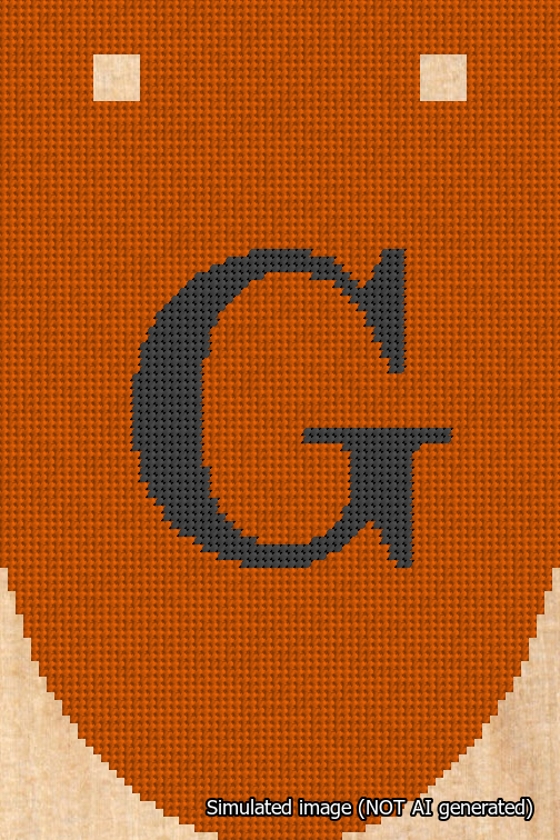 A simulated image of the stitched needlepoint design: Banner 18m Rounded G Black on Orange. Not A.I. generated.