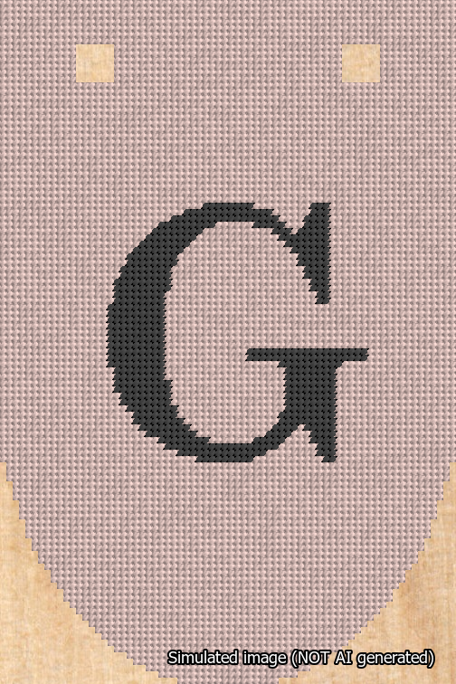 A simulated image of the stitched needlepoint design: Banner 18m Rounded G Black on Pink. Not A.I. generated.