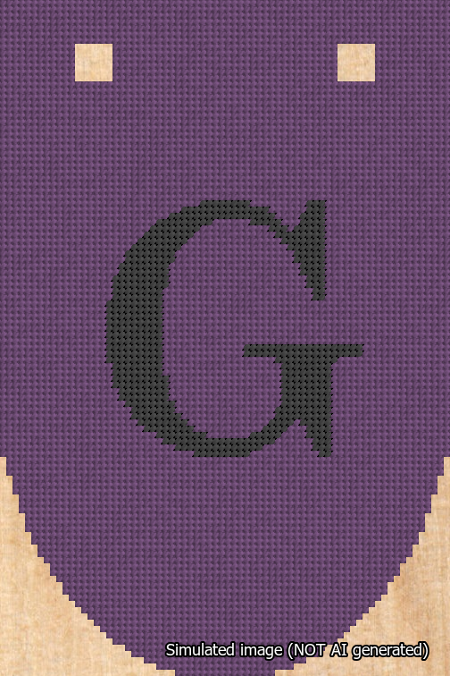 A simulated image of the stitched needlepoint design: Banner 18m Rounded G Black on Purple. Not A.I. generated.