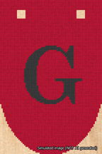 A simulated image of the stitched needlepoint design: Banner 18m Rounded G Black on Red. Not A.I. generated.