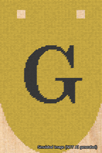 A simulated image of the stitched needlepoint design: Banner 18m Rounded G Black on Yellow. Not A.I. generated.