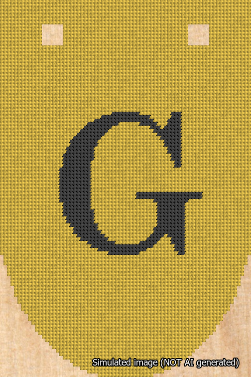 A simulated image of the stitched needlepoint design: Banner 18m Rounded G Black on Yellow. Not A.I. generated.