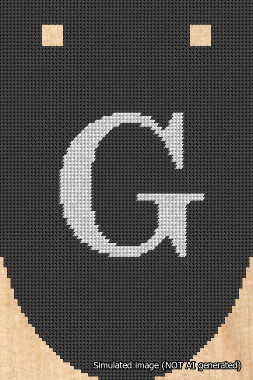 A simulated image of the stitched needlepoint design: Banner 18m Rounded G White on Black. Not A.I. generated.