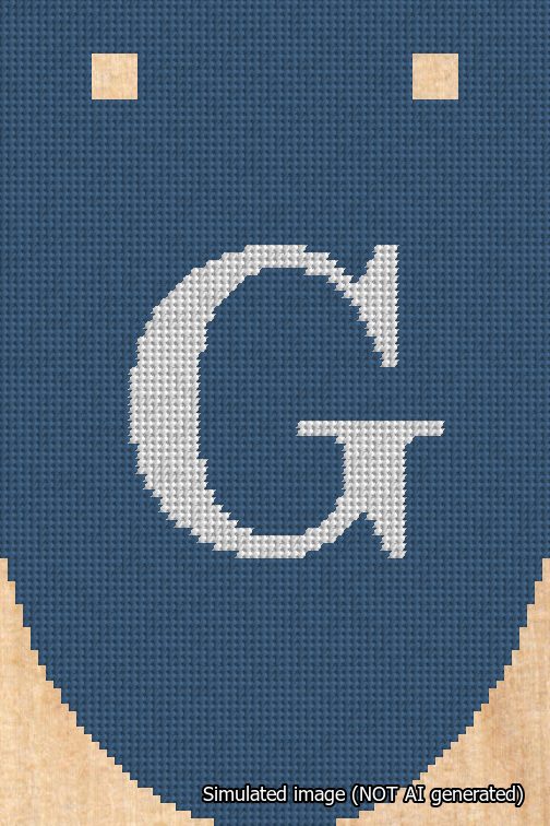 A simulated image of the stitched needlepoint design: Banner 18m Rounded G White on Blue. Not A.I. generated.