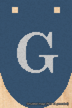A simulated image of the stitched needlepoint design: Banner 18m Rounded G White on Blue. Not A.I. generated.