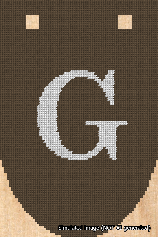 A simulated image of the stitched needlepoint design: Banner 18m Rounded G White on Brown. Not A.I. generated.