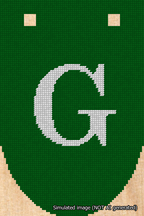 A simulated image of the stitched needlepoint design: Banner 18m Rounded G White on Green. Not A.I. generated.