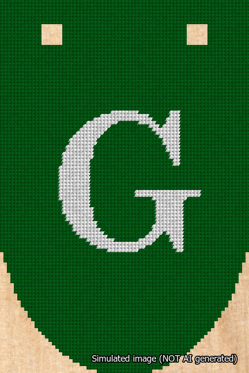 A simulated image of the stitched needlepoint design: Banner 18m Rounded G White on Green. Not A.I. generated.