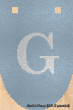 A simulated image of the stitched needlepoint design: Banner 18m Rounded G White on Light Blue. Not A.I. generated.