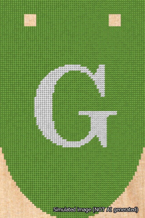 A simulated image of the stitched needlepoint design: Banner 18m Rounded G White on Light Green. Not A.I. generated.