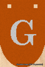 A simulated image of the stitched needlepoint design: Banner 18m Rounded G White on Orange. Not A.I. generated.