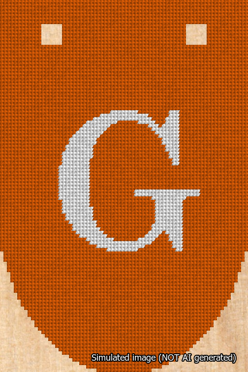 A simulated image of the stitched needlepoint design: Banner 18m Rounded G White on Orange. Not A.I. generated.