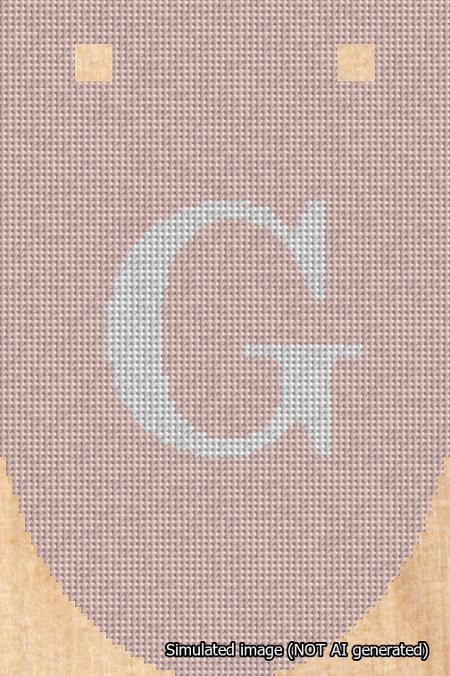 A simulated image of the stitched needlepoint design: Banner 18m Rounded G White on Pink. Not A.I. generated.